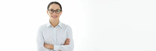 Ritratto Donna Affari Occhiali Camicia Sfondo Bianco Concetto Consulente Aziendale — Foto Stock