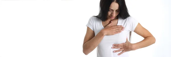 Young Woman Heart Breast Pain White Background Chest Pain Sudden — Stok fotoğraf