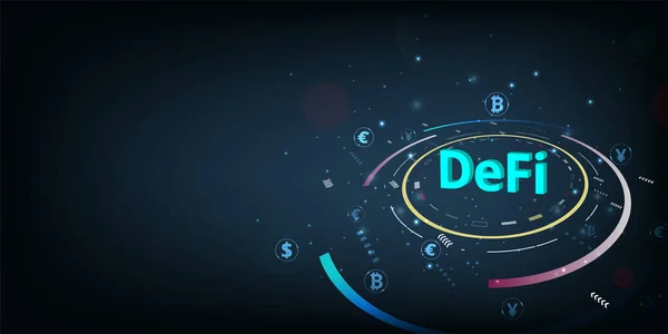 Merkezi olmayan finans (DeFi) sancak kavramı. Şifreleme para biriminin koyu mavi arkaplan üzerinde 3D oluşturma vektörü ile bileşimi. 