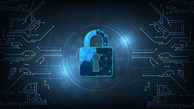 İnternet güvenliği ve Data kavramı engelliyor. Koyu mavi arkaplanda güvenlik kilidi simgesi. Hackerlara ve virüse karşı çevrimiçi veri erişim savunması teknolojisi. Teknoloji güvenlik kavramı. 