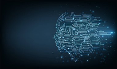  Elektronik beyin ve Yapay Zeka Konsepti (AI). Koyu mavi arkaplana bağlanan devre kartından yapılan dijital beyin ve insan kafası çizelgesi. 