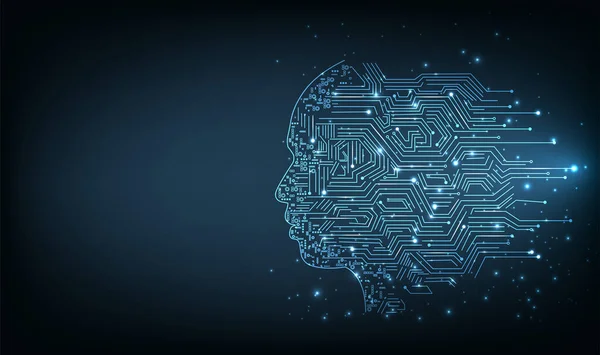  Elektronik beyin ve Yapay Zeka Konsepti (AI). Koyu mavi arkaplana bağlanan devre kartından yapılan dijital beyin ve insan kafası çizelgesi. 