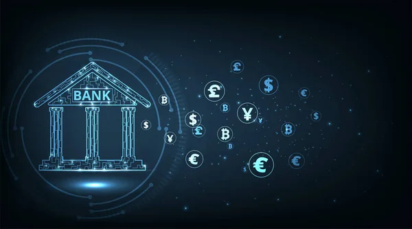 Έννοια Τραπεζική Τεχνολογία Ισομετρική Απεικόνιση Της Τράπεζας Σκούρο Μπλε Φόντο — Διανυσματικό Αρχείο