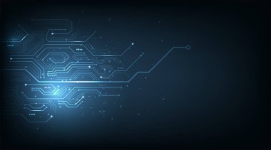 Koyu mavi arka planda devre kartı elektronik tasarımı. Yüksek teknoloji devre kartı bağlantı sistemi kavramı. Vektör illüstrasyonu.