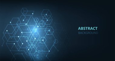  Koyu mavi arkaplan üzerinde 3d küplerle geometrik şekil ve bağlantı. Vektör grafikleri. 