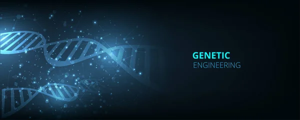  Modern genetik altyapı. Koyu mavi arka planda DNA çift sarmal şeklinde yenilik var. Tıbbi ve sağlık pankartı konsepti. Vektör illüstrasyonu.