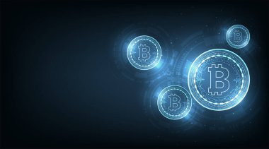 Bitcoin dijital para birimi. Dark Blue arkaplanındaki vektör bitcoin para birimi. Vektör illüstrasyonu.