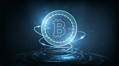 Bitcoin dijital para birimi dizaynı. Dark Blue arkaplanında Bitcoin para birimi. Vektör illüstrasyonu.