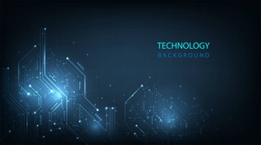  Devre teknolojisi arka plan tasarımı. Koyu mavi arkaplan üzerinde vektör soyut teknoloji illüstrasyon devre kartı. Yüksek teknoloji devre kartı bağlantı sistemi kavramı.