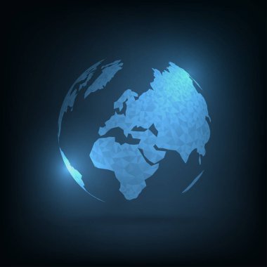 Çokgen şekildeki küresel coğrafya. Koyu mavi arkaplanda 3B Dünya Haritaları.