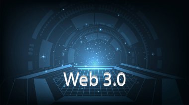 Koyu mavi teknoloji hakkında web 3.0 metin. Yeni Teknoloji Geliştirme Konsepti.