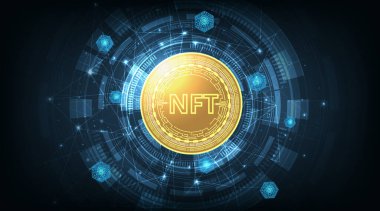 Rendering illustration of NFT non fungible token coin.NFT coin design in circuit board style for pay unique collectibles in games.Crypto currency concept. blockchain technology. 