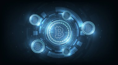 Bitcoin dijital para birimi tasarımı. Dark Blue arka planında vektör bitcoin para birimi. Vektör illüstrasyonu.