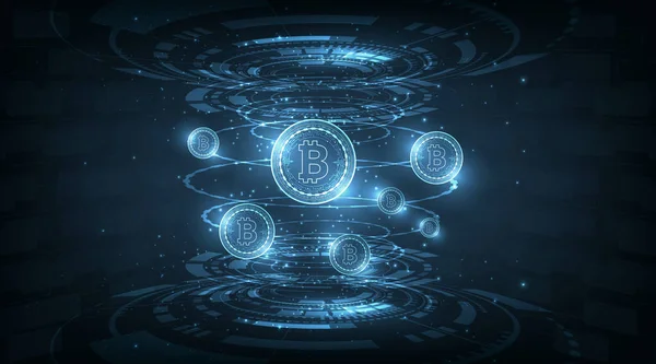 Tecnología Bitcoin Moneda Digital Background Vector Moneda Bitcoin Azul Oscuro — Vector de stock