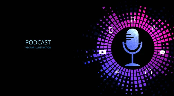 Podcastベクトルのデザインコンセプト 黒の背景にポッドキャストのロゴ マイクアイコン — ストックベクタ