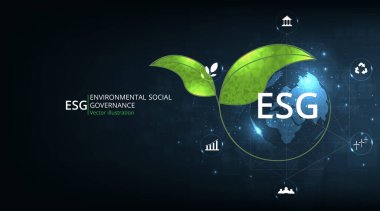  Çevresel Sosyal ve Yönetim (ESG) kavramı. Bir doğa koruma stratejisi geliştirilmesi ve figür simgeleriyle çevre, sosyal ve yönetim sorunlarının çözümü. 