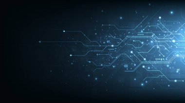  Devre panosu mavi teknoloji arka planı. Vektör soyut teknoloji illüstrasyon devre kartı koyu mavi arka plan. Yüksek teknoloji devre kartı bağlantı sistemi konsepti. 
