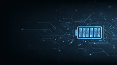 Elektrik enerjisi kavramı. Koyu mavi arkaplandaki pil hücreleri sembolleri. Enerji verimliliği, Vektör illüstrasyonu..