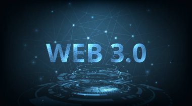 Koyu mavi teknoloji arkaplan tasarımı hakkında Web 3.0 metin. Yeni Teknoloji Güncelleme kavramı.