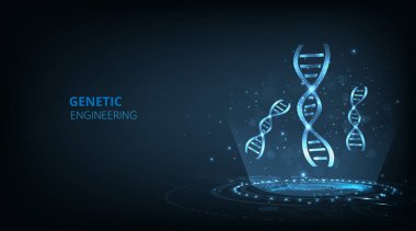 Bilim ve Teknoloji konsepti. Fütüristik elemente sahip DNA grafiği. Genetik arka plan. Koyu mavi arka planda DNA çift sarmal şeklinde yenilik.. 