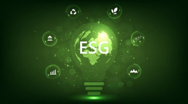  Dünya sürdürülebilir çevre kavramı. Çevre Sosyal ve Yönetim (ESG) için yeşil toprak. Şekil simgeleriyle çevre, sosyal ve yönetim sorunları çözülüyor. 