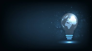 Gelecekteki sürdürülebilir enerji kavramı. Düşük çokgen çizgili gezegen Dünya 'nın koyu mavi arka planda bir ampul olarak çizimi.