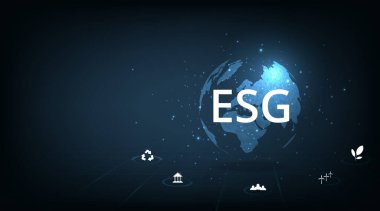  Çevresel Sosyal ve Yönetim kavramı (ESG). Bir doğa koruma stratejisi geliştirilmesi ve figür simgeleriyle çevre, sosyal ve yönetim sorunlarının çözümü. 