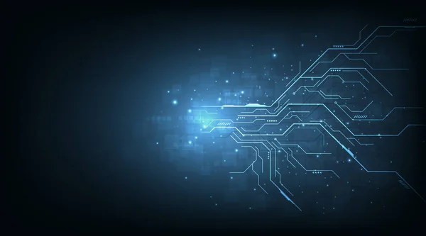 Koyu mavi arka plan üzerindeki devre kartı elektronik tasarımı kavramı. Yüksek teknoloji devre kartı bağlantı sistemi kavramı. Vektör illüstrasyonu.