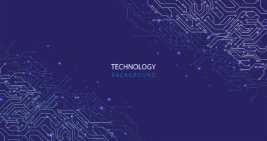 Mavi arka planda devre elektrik teknolojisi. Yüksek teknoloji devre kartı bağlantı sistemi. Vektör illüstrasyonu.