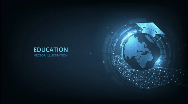  Polygonal graduation cap on earth globe (e-learning concept). Internet education course degree vector illustration. 
