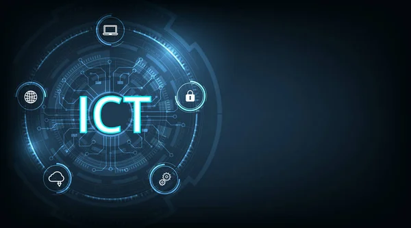  Information and communication technology concept(ICT).Information and communication technology on dark blue background.Wireless communication network. Intelligent system automation. 