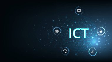  Information and communication technology concept.Information and communication technology(ICT) on dark blue background.Wireless communication network. Intelligent system automation. 