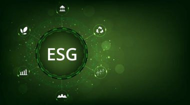  Çevresel Sosyal ve Yönetim (ESG) kavramı. Bir doğa koruma stratejisi geliştirilmesi ve figür simgeleriyle çevre, sosyal ve yönetim sorunlarının çözümü. 