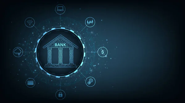 Conceito Tecnologia Bancária Ilustração Isométrica Banco Linhas Circuito Tecnologia Fundo — Vetor de Stock