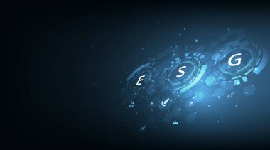 ESG Çevre Sosyal Yönetimi kavramı. Bir doğa koruma stratejisi geliştirilmesi ve mavi arkaplandaki figür simgeleriyle çevre, sosyal ve yönetim sorunlarının çözülmesi.