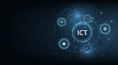  Bilgi ve iletişim teknolojisi (ICT) kavramı. Koyu mavi arka plan üzerine bilgi ve iletişim teknolojisi. Kablosuz iletişim ağı. Akıllı sistem otomasyonu. 