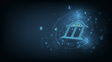 Bankacılık ve Finans kavramı. Bankacılık Teknolojisi kavramı. Koyu mavi teknoloji arka planında bankanın Isometric illüstrasyonu. Dijital bağlantı sistemi. Finansal ve Bankacılık teknolojisi kavramı.