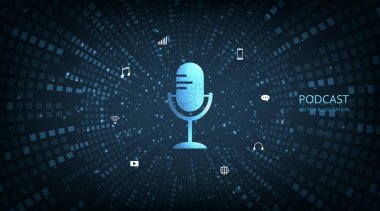 Illustration of Podcast icon with circle wave vector background. Podcast logo, Microphone icon on dark blue background.	