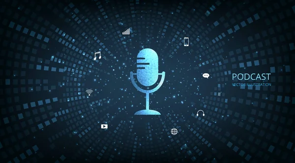 Illustration of Podcast icon with circle wave vector background. Podcast logo, Microphone icon on dark blue background.	