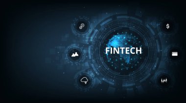 Finans teknolojisi ve iş dünyası sınıfları. Simge Fintech ve koyu mavi teknoloji geçmişi finans teknolojisi, bankacılık ve iş dünyası sınıfı arasındaki bağlantıyı temsil ediyor..