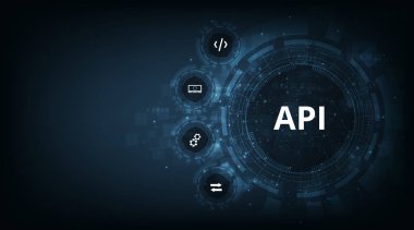 Uygulama Programlama Arayüzü (API) Yazılım geliştirme aracı, bilgi teknolojisi, modern teknoloji, internet ve ağ oluşturma kavramı. koyu mavi arkaplanda.