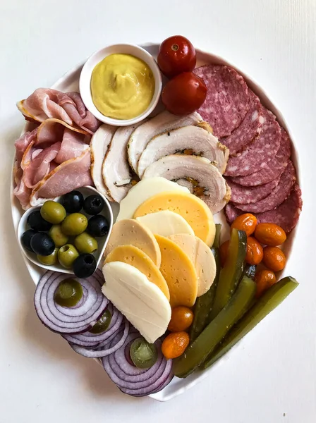 Antipasti Catering Platter Different Meat Cheese Products — Stock Photo, Image