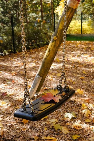 Swing Red Yellow Maple Leaves Playground Sunny Autumn Day People — Stock Photo, Image