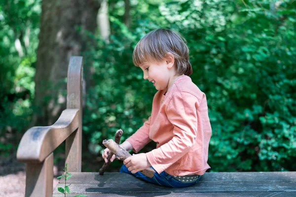 Маленький Дошкольник Сидящий Возле Деревянного Берега Лесу Играющий Палками Дети — стоковое фото