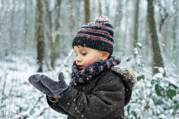 Κοντινό Πορτραίτο Ενός Μικρού Αγοριού Που Παίζει Νιφάδες Χιονιού Ένα — Φωτογραφία Αρχείου