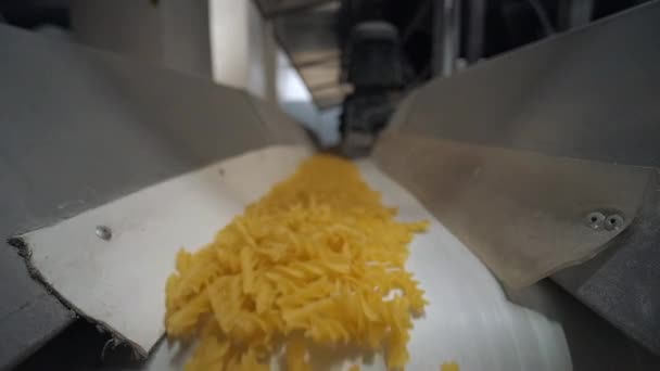 Increíble chupito macarrones de pasta cruda corriendo cinta transportadora blanca en la fábrica de pasta. — Vídeos de Stock