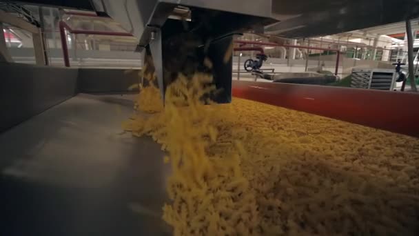 Slow motion shot van macaronis vallen van automatische pasta fabrikant machine — Stockvideo