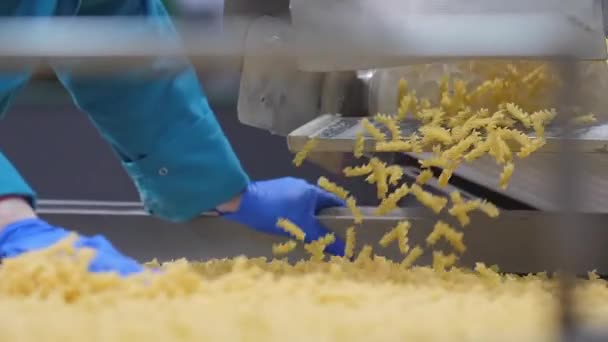Fabrieksarbeider in blauwe handschoenen controleert een fijne macaronis kwaliteit op de transportband — Stockvideo