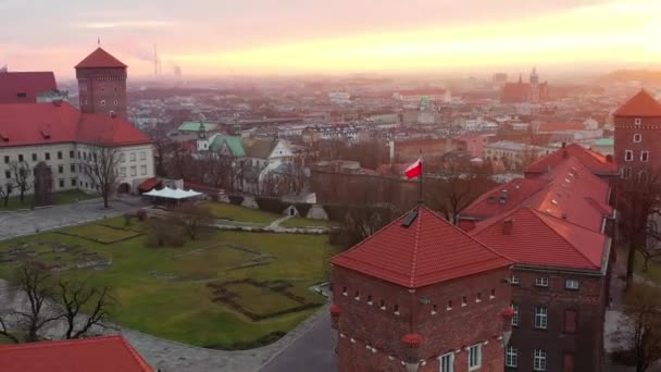 Krakow, Poland. Old Europe castle sunrise. Drone shot — ストック動画