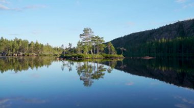 Serene lake Tarnatten with Silent and Peaceful calm water and lone Island with isolated tree in Skuelskogen National Park, High Coast Sweden.